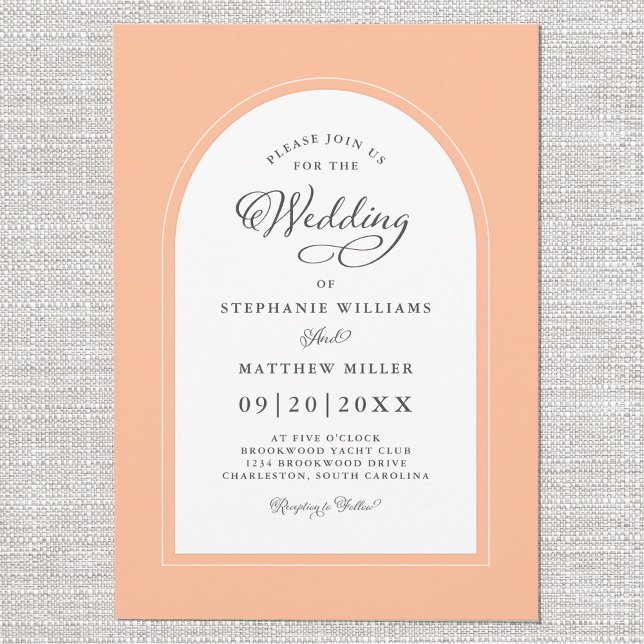 Elegant Ferskenbåge Modern Kalligrafi Bröllop Chic Inbjudningar (Elegant Peach Arch Modern Calligraphy Wedding Chic Invitation)