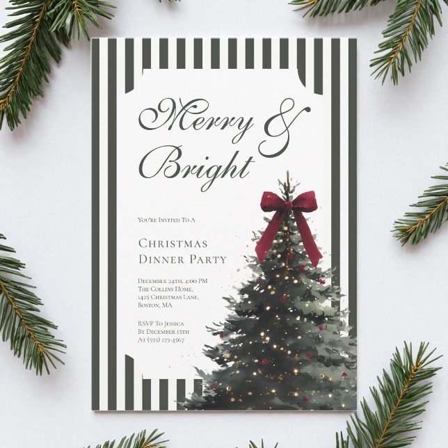 Elegant Festiv Båge Grön Jul Dinnéfest Inbjudningar (Elegant Festive Bow Green Christmas Dinner Party Invitation)