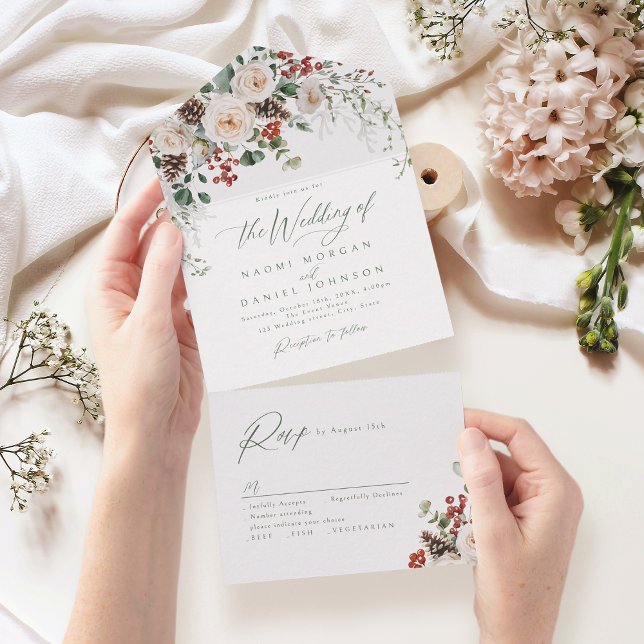 Elegant Festiv Floral Högtidlig Vinterbröllop (Elegant Festive Floral Holiday Winter Wedding All In One Invitation)