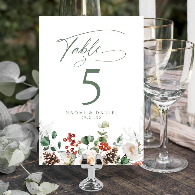 Elegant festiv floral julbröllop bordsnummer (Elegant Festive Floral Holiday Winter Wedding Table Number)