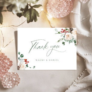 Elegant festiv floral julbröllop tack kort