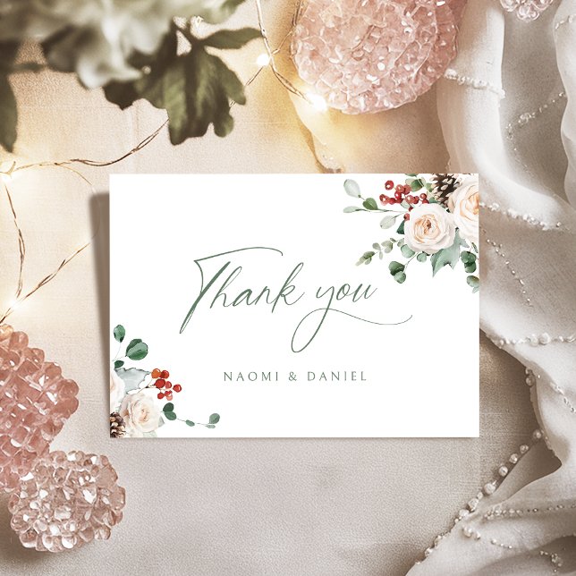 Elegant festiv floral julbröllop  tack kort (Elegant Festive Floral Holiday Winter Wedding Thank You Card)