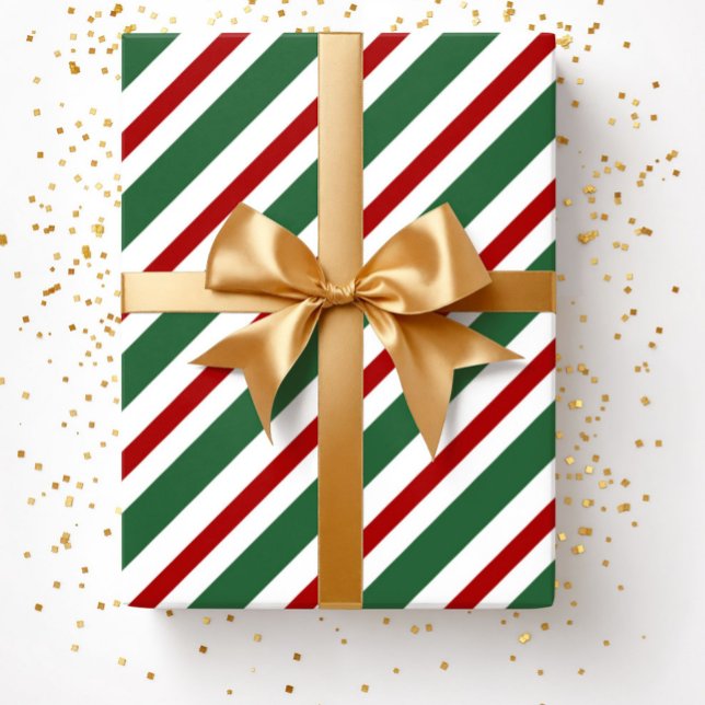 Elegant Festiv Grön Röd Rand Jul Presentpapper (Christmas Green Red White Stripes Pattern Wrapping Paper)