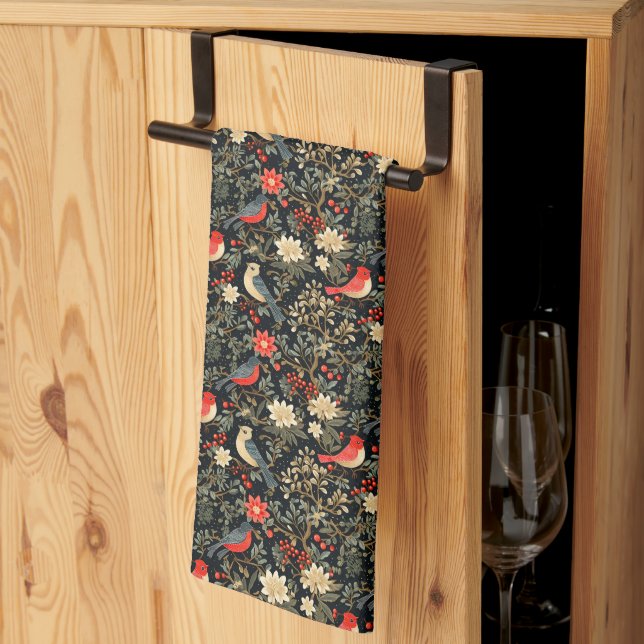 Elegant Festive Birds & Blommigt jul Red Kökshandduk (Thirds Fold)