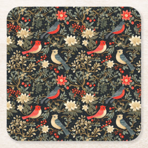 Elegant Festive Birds & Blommigt jul Red Underlägg Papper Kvadrat