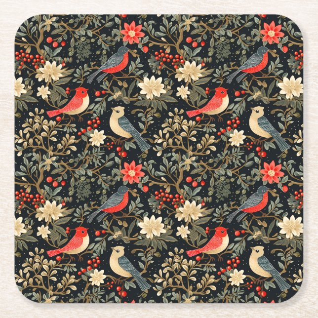 Elegant Festive Birds & Blommigt jul Red Underlägg Papper Kvadrat (Framsidan)