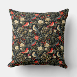 Elegant Festive Birds & Floral Christmas Red  Kudde
