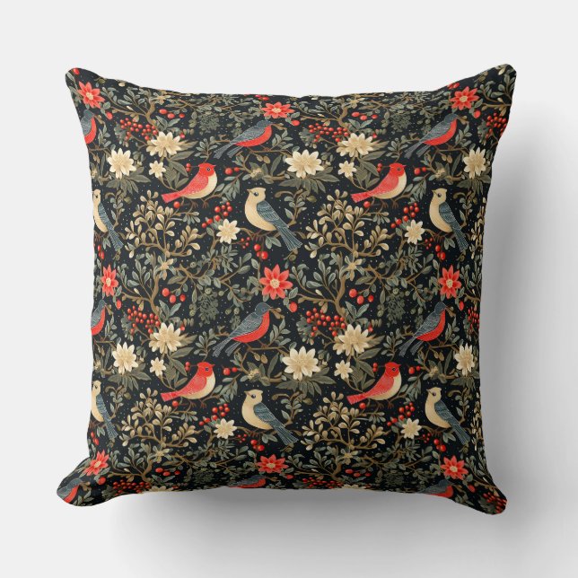 Elegant Festive Birds & Floral Christmas Red  Kudde (Framsida)