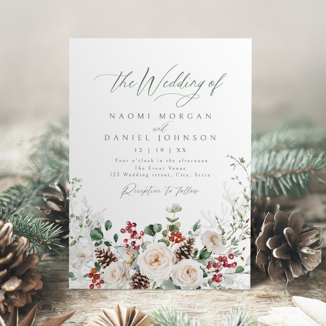 Elegant Festive Floral Holiday Winter Wedding Inbjudningar (Elegant Festive Floral Holiday Winter Wedding Invitation)