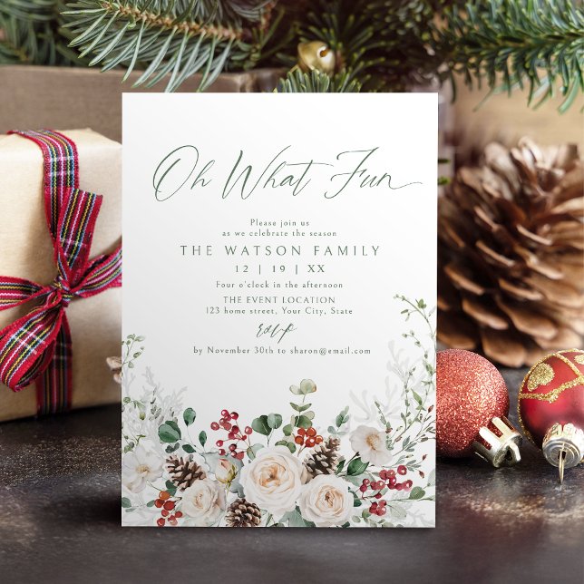 Elegant Festive Floral Oh What Fun Holiday Party Inbjudningar (Elegant Festive Floral Oh What Fun Holiday Party Invitation)