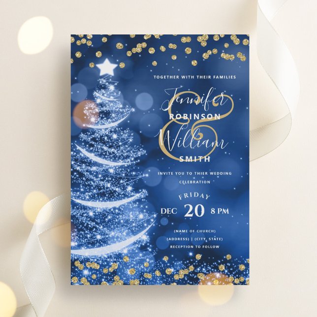 Elegant Festive Guld Blue Bröllop Julafton Träd Inbjudningar (Elegant Festive Gold Blue Wedding Xmas Tree Invitation)