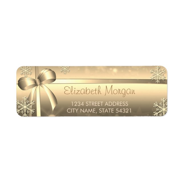 Elegant Festive Guld Snöflingor, Bow Label Returadress Etikett (Framsidan)