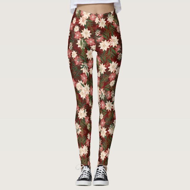 Elegant Festive jul Poinsettia Helgdag Leggings (Framsida)