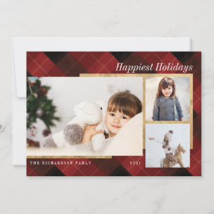 Elegant Festive Red Play & Guld Three Photos Julkort