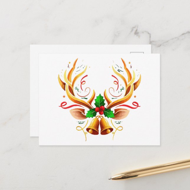 Elegant Festive Reindeer Antlers |Modern jul Vykort (Fram/Back In Situ)