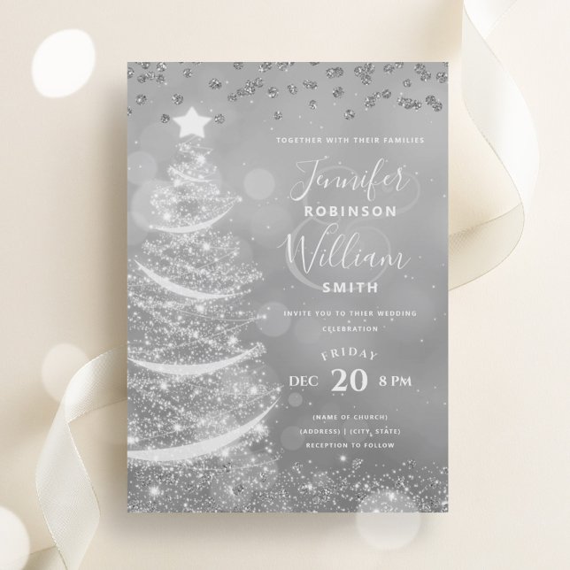 Elegant Festive Silver Bröllop Julafton Träd Inbjudningar (Elegant Festive Silver Wedding Xmas Tree Invitation)