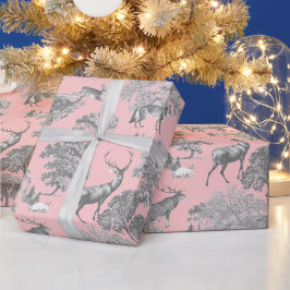 Elegant Festive Toile Fox Hjort Kanin Grått Rosa Presentpapper