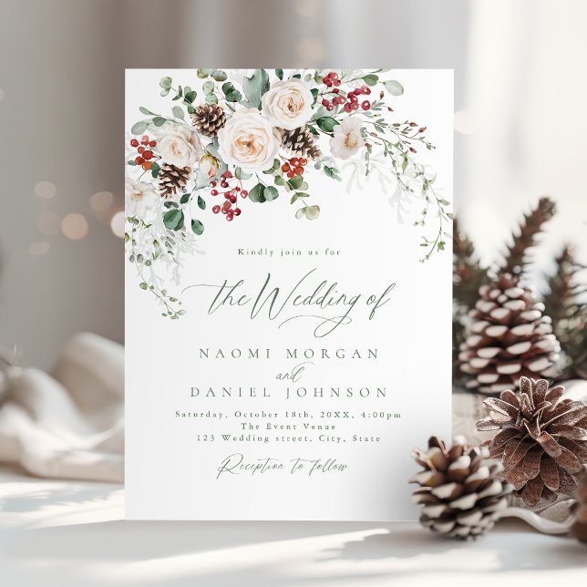 Elegant festlig blomster- jul- och vinterbröllop inbjudningar (Elegant Festive Floral Holiday Winter Wedding Invitation)