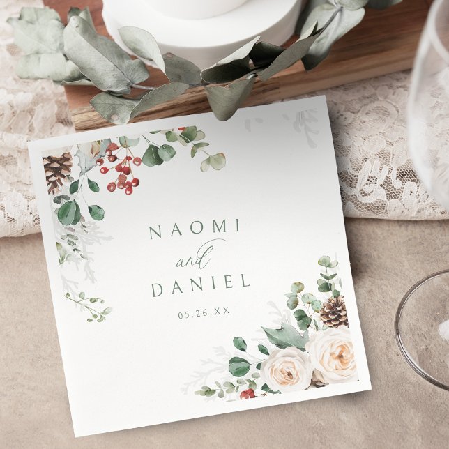 Elegant festlig blomster- jul- vinter- bröllop  pappersservett (Elegant Festive Floral Holiday Winter Wedding Napkins)
