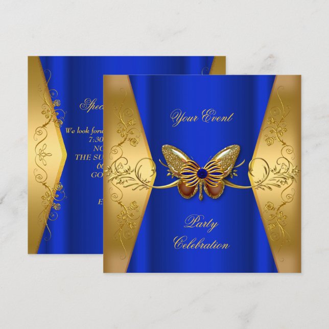 Elegant Festlig Royal Blå Guld Fjäril Inbjudningar (Fram/baksida)