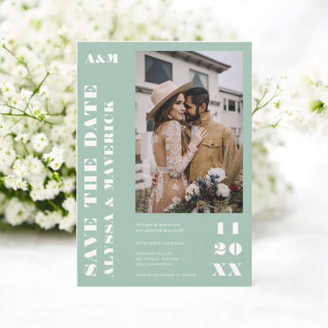 Elegant Fet enkel grönt 2 foton bröllop Spara Datumet (Elegant Bold simple sage green 2 photos wedding Save The Date)