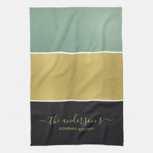 ELEGANT FET FAUX GULD BLUE GRÖNT BLACK-STRIPS KÖKSHANDDUK