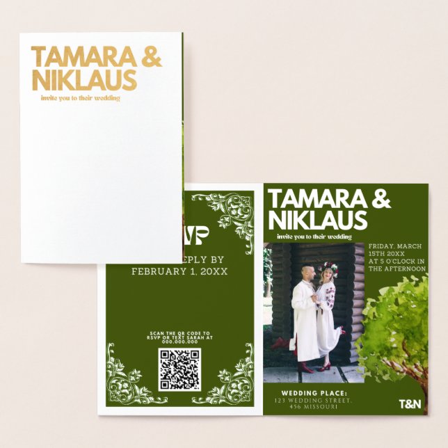 Elegant Fet Forest Grönt Slavic Photo Bröllop Folierat Kort (Display)