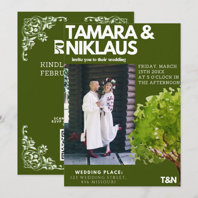 Elegant Fet Forest Grönt Slavic Photo Bröllop Inbjudningar (Fram/baksida)