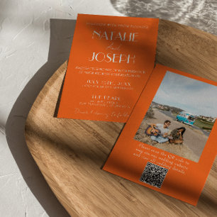 Elegant fet orange stilren foto QR-kod bröllop Inbjudningar