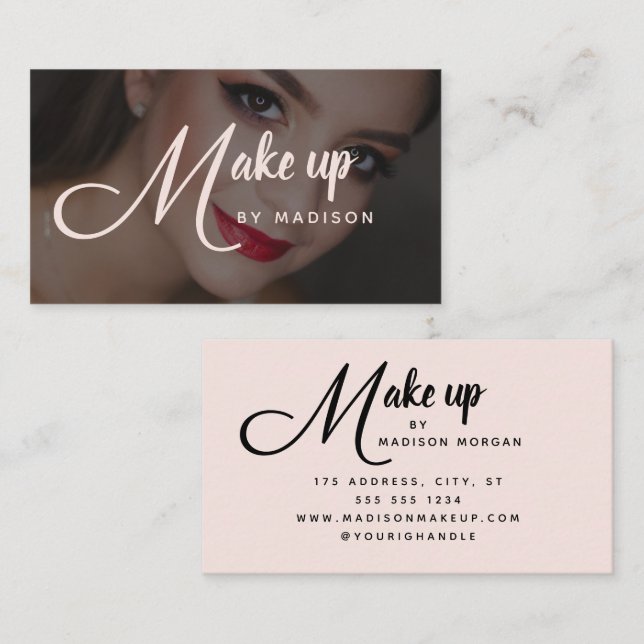 Elegant fet stil Blush Rosa Foto Makeup Visitkort (Fram/baksida)