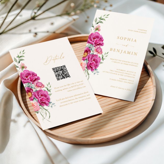Elegant fet stilfull rosa blomsterbröllops QR-kod Inbjudningar (Skapare uppladdad)
