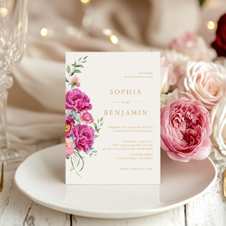 Elegant fet stilrent rosa blommig vigsel guld inbjudningar