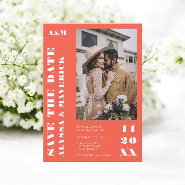Elegant Fet, vit orange 2 foton bröllop Spara Datumet (Elegant Bold simple white orange 2 photos wedding Save The Date)
