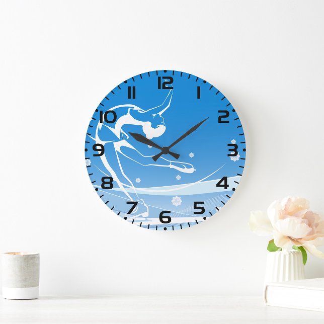 Elegant Figure Skater Silhouette Snowflakes Stor Klocka (Skapare uppladdad)