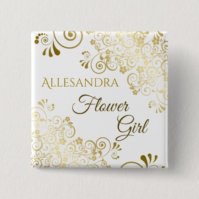 Elegant Filigree Flower Girl Bröllop Namn bricka Knapp (Framsida)