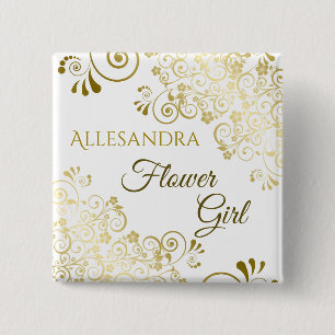 Elegant Filigree Flower Girl Bröllop Namn bricka Knapp