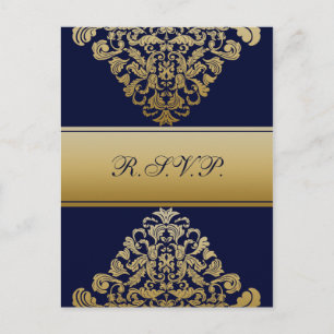 Elegant Filigree Navy Guld Bröllop Inbjudan Vykort