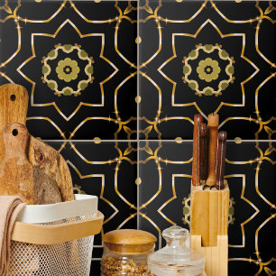 Elegant Filigree Sparkly Shiny Guld & Black Mosaic Kakelplatta