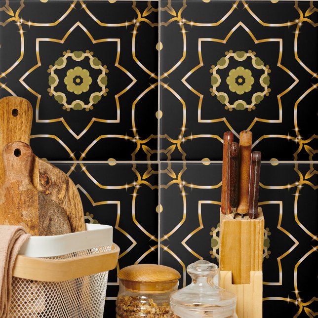 Elegant Filigree Sparkly Shiny Guld & Black Mosaic Kakelplatta (Skapare uppladdad)