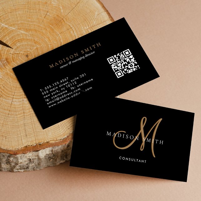 Elegant Finare Black Guld-skript, Monogram QR-kod Visitkort (Skapare uppladdad)