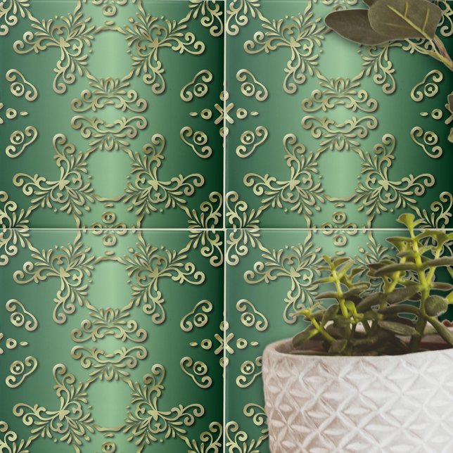 Elegant Finare Luxury Ornate Guld Grönt Emerald Kakelplatta (Skapare uppladdad)