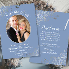 Elegant Finare Silver och Dusty Blue Photo Bröllop Spara Datumet