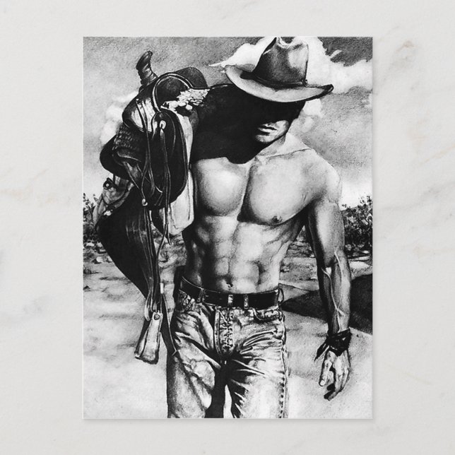 Elegant Fine Art Charcol Teckning Sexy Cowboy Vykort (Framsida)