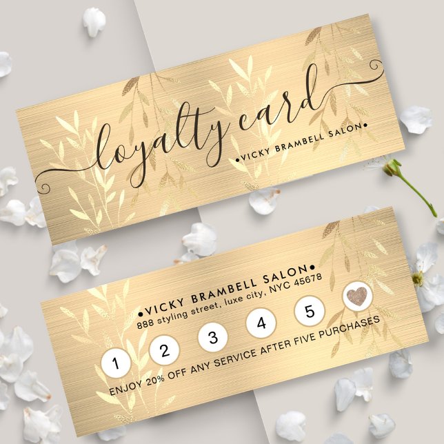 Elegant Fintvätt Guld Löv Brushed Metall Slår Lojalitetskort (Elegant Delicate Gold Leaves Brushed Metal Punch Loyalty Card)