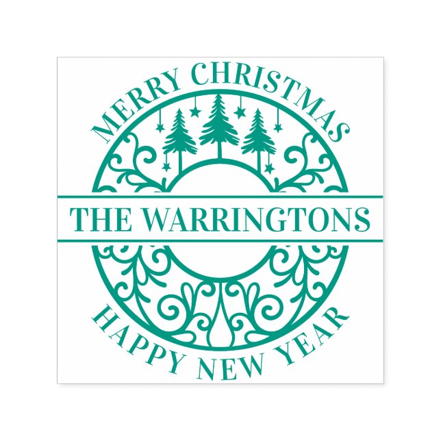 Elegant Fir Trees Stars Lacy Filigree Family Name Självfärgande Stämpel (Design)