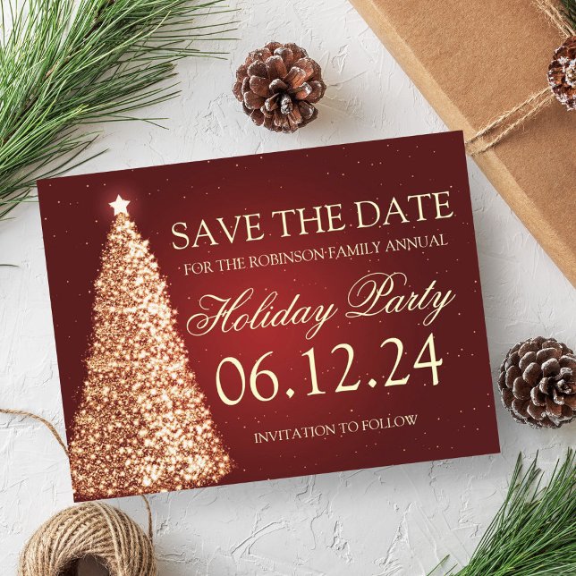 Elegant firande av högtidlig fest Spara datum Guld Meddelande Vykort (Elegant Holiday Party Save The Date Gold Red Announcement Postcard)