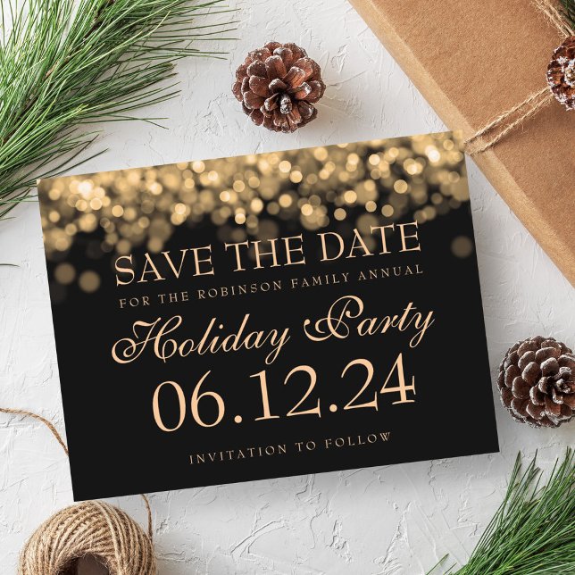 Elegant firandets fest Anmäl dig-gul belysning Meddelande Vykort (Elegant Holiday Party Save The Date Gold Lights Announcement Postcard)