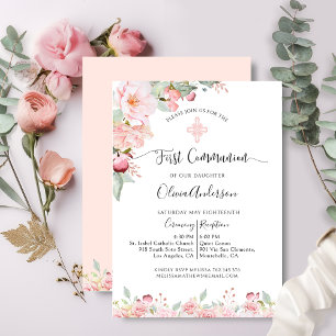 Elegant First Communion Mint och Peach Blommigt Inbjudningar