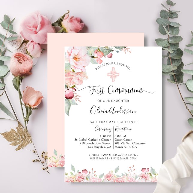 Elegant First Communion Mint och Peach Blommigt Inbjudningar (Skapare uppladdad)