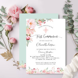 Elegant First Communion Ro Guld, Mint Blommigt Inbjudningar